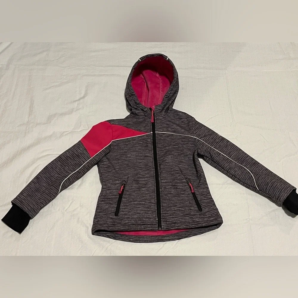 SNOZU Grey Pink HOODED JACKET with PINK‎ FLEECE LINING Girls Size large 14-16